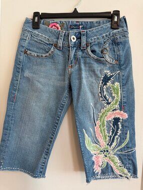 Y2K 26 Blue Tattoo Embroidered Floral Feather Denim Bermuda Capri Short low